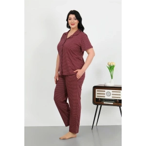 Moda Kadın Büyük Beden Pamuklu Cepli Düğmeli Mor Pijama Takım