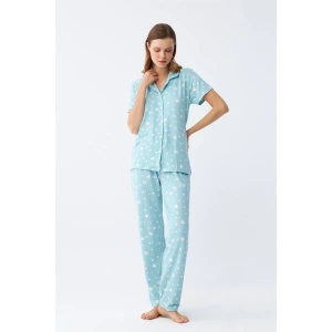 Moda Kadın Buz Mavisi Yıldız Desenli Önden Düğmeli Pijama Takımı