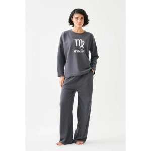 Moda Kadın Füme Başak Burcu Oversize 2 İplik Eşofman Ev Giyim Takımı