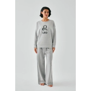 Moda Kadın Gri Aslan Burcu Oversize 2 İplik Eşofman Ev Giyim Takımı