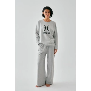 Moda Kadın Gri Balık Burcu Oversize 2 İplik Eşofman Ev Giyim Takımı