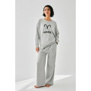 Moda Kadın Gri Koç Burcu Oversize 2 İplik Eşofman Ev Giyim Takımı
