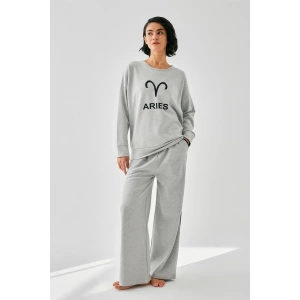 Moda Kadın Gri Koç Burcu Oversize 2 İplik Eşofman Ev Giyim Takımı
