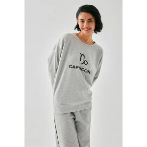 Moda Kadın Gri Oğlak Burcu Oversize 2 İplik Eşofman Ev Giyim Takımı