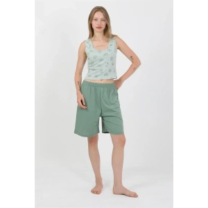 Moda Kadın Kalın Askılı Pamuk Penye Şortlu Crop Takım SuYeşili