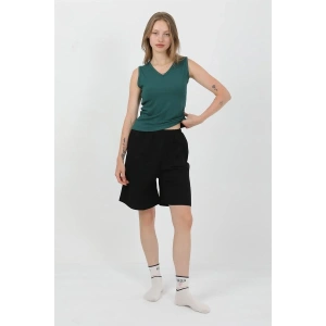 Moda Kadın Kalın Askılı Pamuk Penye Şortlu Takım Yeşil