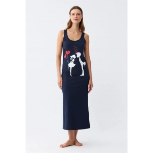 Moda Kadın Kalın Askılı Penye Uzun Lacivert Gecelik