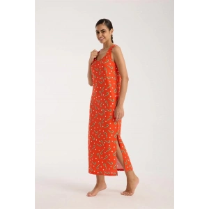 Moda Kadın Kalın Askılı Yırtmaçlı Uzun Turuncu Gecelik