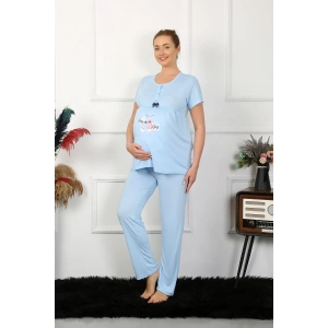 Moda Kadın Kısa Kol Hamile Lohusa Pijama Takımı Mavi
