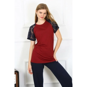 Moda Kadın Kolu Dantelli Penye Pijama Takım Bordo