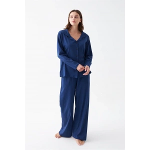 Moda Kadın Lacivert Düğmeli Yaka Detaylı Pamuklu Pijama Takımı