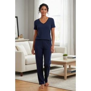 Moda Kadın Lacivert Yumuşak Dokulu Minimal V Yaka Üst Basic Günlük Şık Bluz