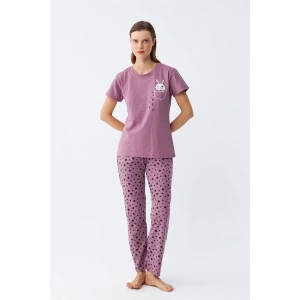 Moda Kadın Mor Patili Tavşan Baskılı Cepli Pijama Takımı