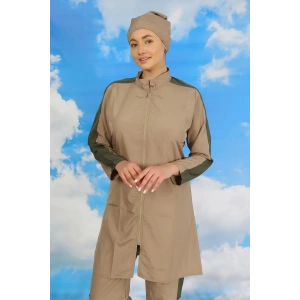 Moda Kadın Pantolonlu Kolu Şeritli Tam Tesettür Mayo Bej