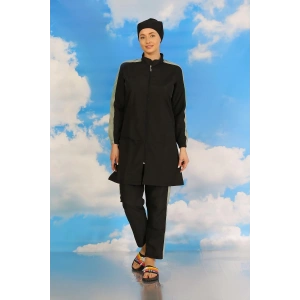 Moda Kadın Pantolonlu Kolu Şeritli Tam Tesettür Mayo Siyah