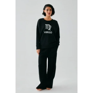 Moda Kadın Siyah Başak Burcu Oversize 2 İplik Eşofman Ev Giyim Takımı