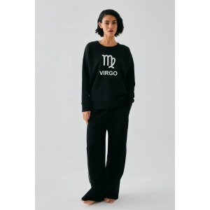 Moda Kadın Siyah Başak Burcu Oversize 2 İplik Eşofman Ev Giyim Takımı