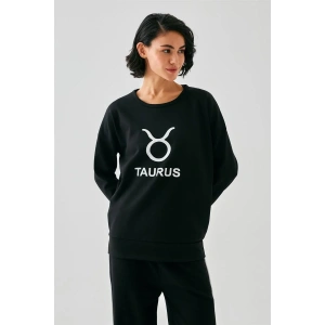 Moda Kadın Siyah Boğa Burcu Oversize 2 İplik Eşofman Ev Giyim Takımı