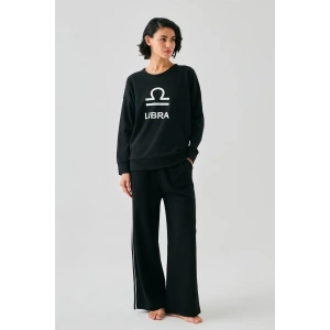 Moda Kadın Siyah Terazi Burcu Oversize 2 İplik Eşofman Ev Giyim Takımı