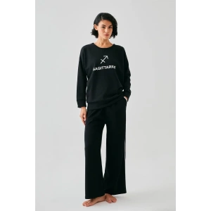 Moda Kadın Siyah Yay Burcu Oversize 2 İplik Eşofman Ev Giyim Takımı