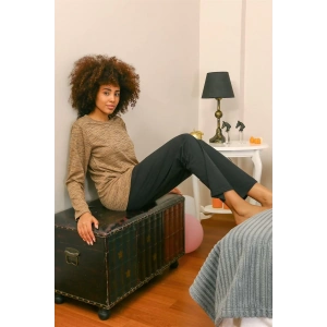 Moda Kadın Uzun Kol Penye Pijama Takım Sütlü Kahve