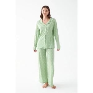 Moda Kadın Yeşil Kalp Desenli Düğmeli Pamuklu Pijama Takımı