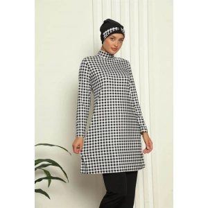 Moda Tam Tesettür Dijital Desenli Mayo Siyah - Beyaz