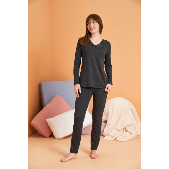 Pjs 28091 Kadın Uzun Kol V Yaka Pijama Takımı