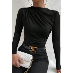 Kadın Siyah Belden Ve Boyundan Büzgü Detaylı Uzun Kollu Bluz