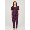 Kadın Mor Kalp Desenli Fiyonklu Kısa Kollu Uzun Pijama Takımı