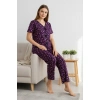 Kadın Mor Kalp Desenli Fiyonklu Kısa Kollu Uzun Pijama Takımı