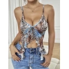 Kadın Siyah Leopar Desenli Crop Askılı Önden Bağlama Fırfır Detaylı 5091