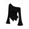 Kadın Siyah Uzun İspanyol Kollu Asimetirik Yaka Yandan Bağlamalı Drapeli Bluz