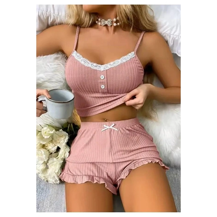 Kadın Pudra Dantel Detaylı Şortlu Gecelik Pijama Takımı 5015
