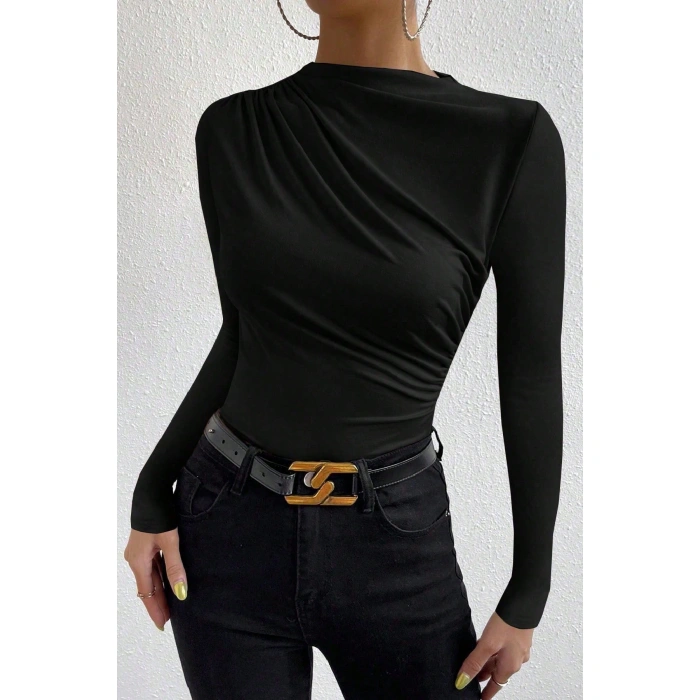 Kadın Siyah Belden Ve Boyundan Büzgü Detaylı Uzun Kollu Bluz