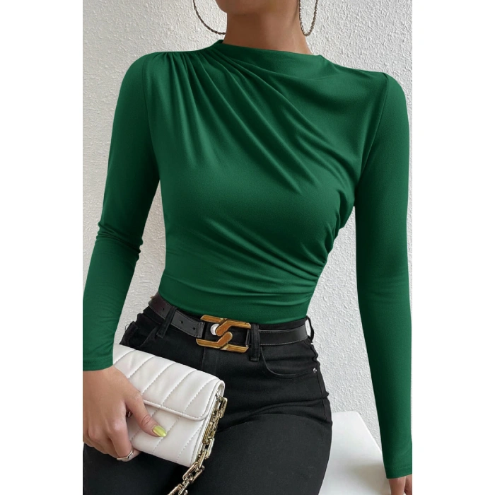 Kadın Yeşil Belden Ve Boyundan Büzgü Detaylı Uzun Kollu Bluz