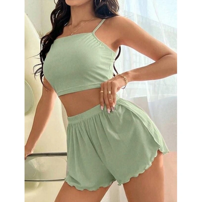 Kadın Yeşil Dantel Detaylı Şortlu Gecelik Pijama Takımı 5024