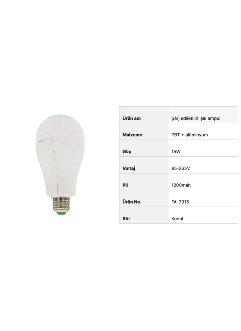 15W Şarjlı LED Ampul Tek Bataryalı – Yüksek Parlaklık, Acil Durum Işığı, 12 Saat Çalışma Süresi, 2400mAh Pil