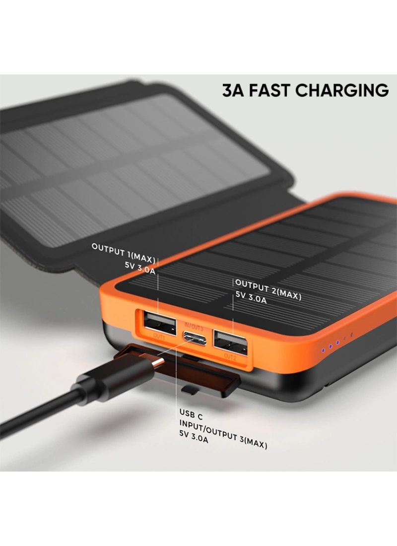 20.000 mAh Solar Hızlı Şarj 4 Katlanabilir 8W Güneş Panelli Işıklı 2x USB 1x Type-C Çıkışlı Led Panel Powerbank