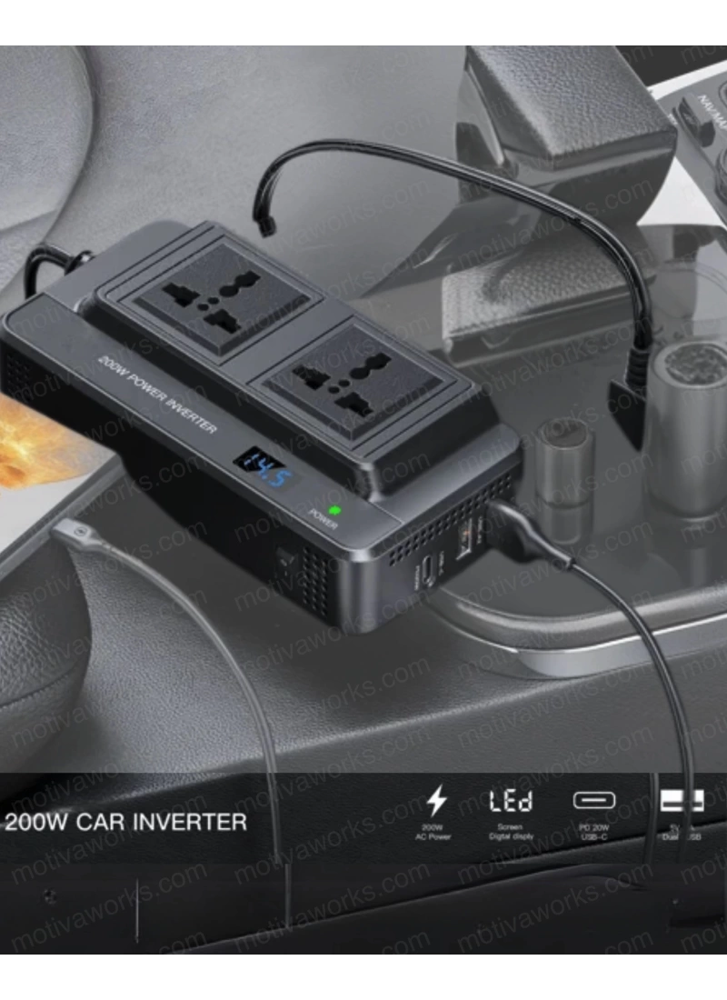 200W Araç Tipi Priz Usb Type-C Çevirici Inverter Çakmaklık Şarz Priz Dönüştürücü