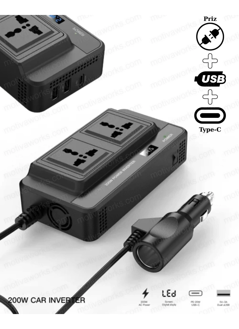 200W Araç Tipi Priz Usb Type-C Çevirici Inverter Çakmaklık Şarz Priz Dönüştürücü