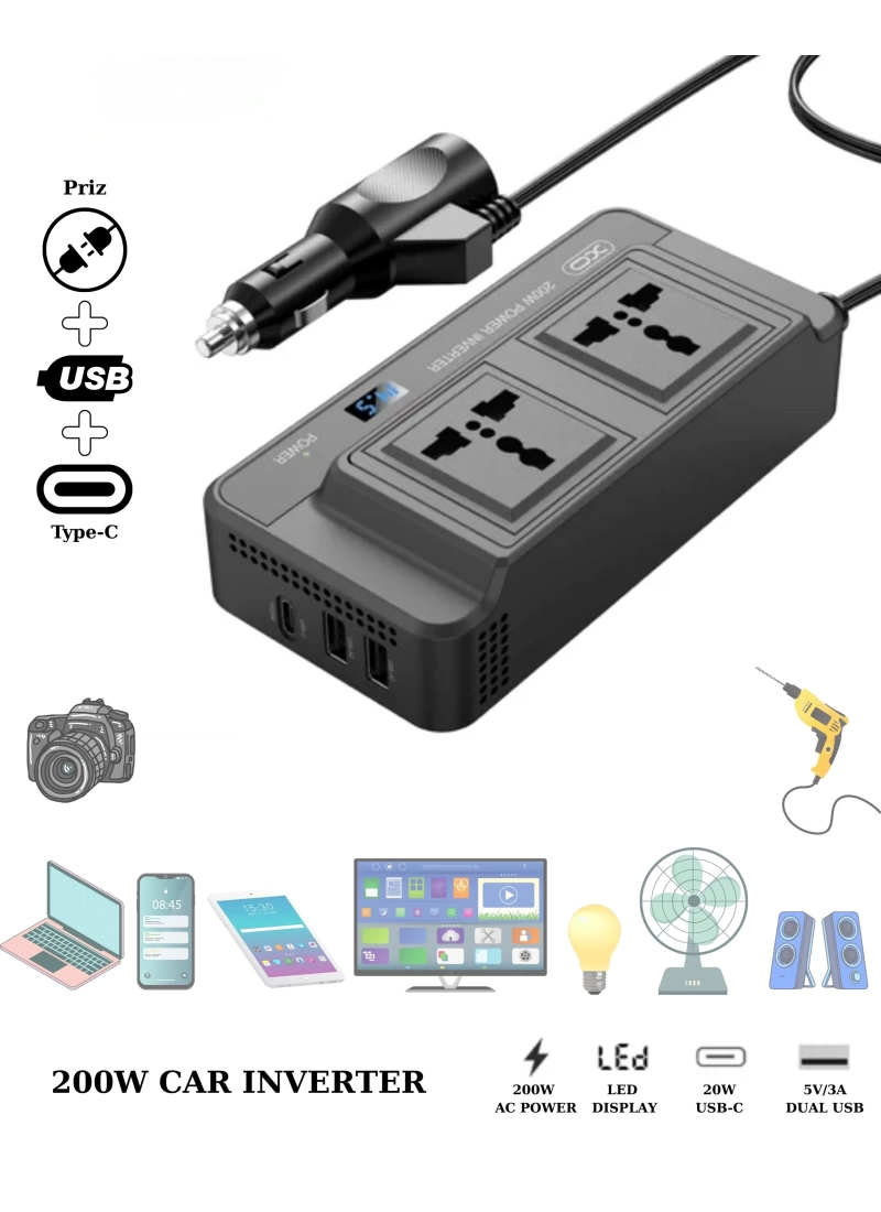 200W Araç Tipi Priz Usb Type-C Çevirici Inverter Çakmaklık Şarz Priz Dönüştürücü