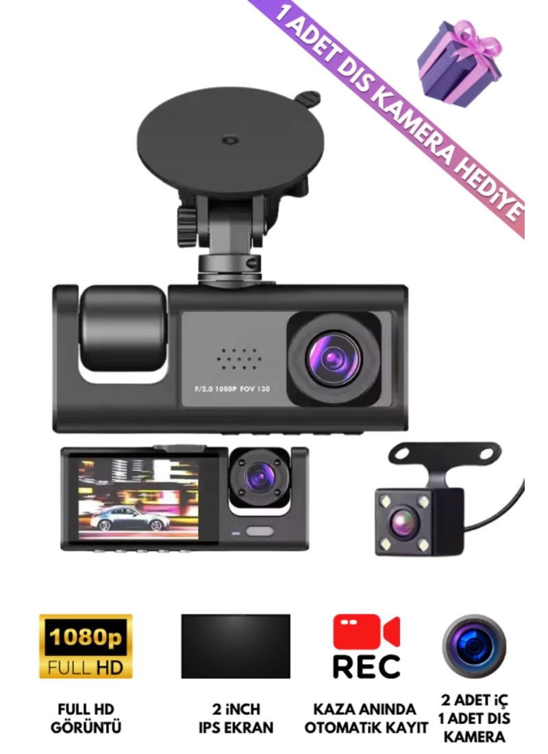 3 Kameralı Araç Kamerası 1080P 2 Inch Ekran 170* Geniş Açılı Araç Kamerası