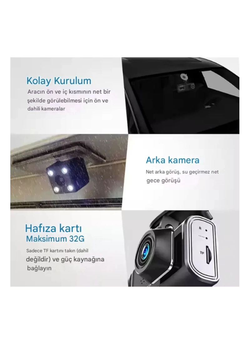 3 Kameralı Araç Kamerası 1080P 2 Inch Ekran 170* Geniş Açılı Araç Kamerası