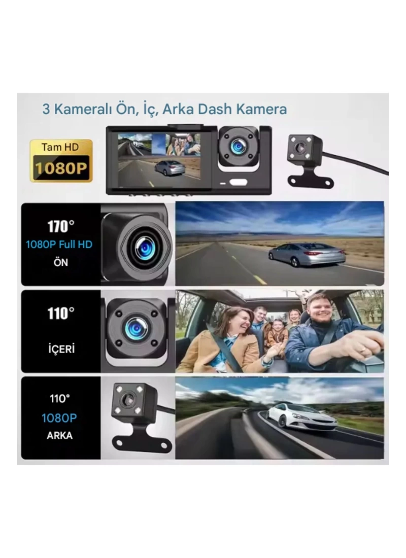 3 Kameralı Araç Kamerası 1080P 2 Inch Ekran 170* Geniş Açılı Araç Kamerası
