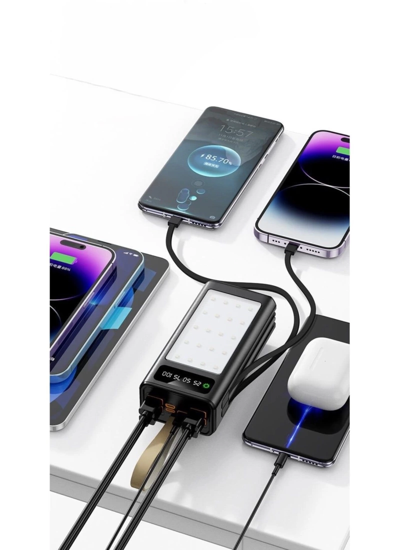 30.000 mAh Kamp Işıklı 4x USB 1x Type-C 1x Micro 1x Lightning Çıkışlı Led Panel Powerbank
