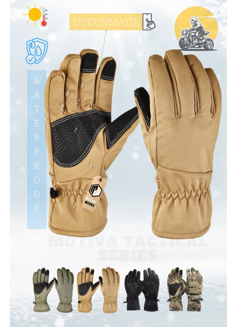 Su Geçirmez Softshell Çöl Sarısı Motosiklet Taktik Askeri Spor Kışlık Kar Balıkçı Eldiveni