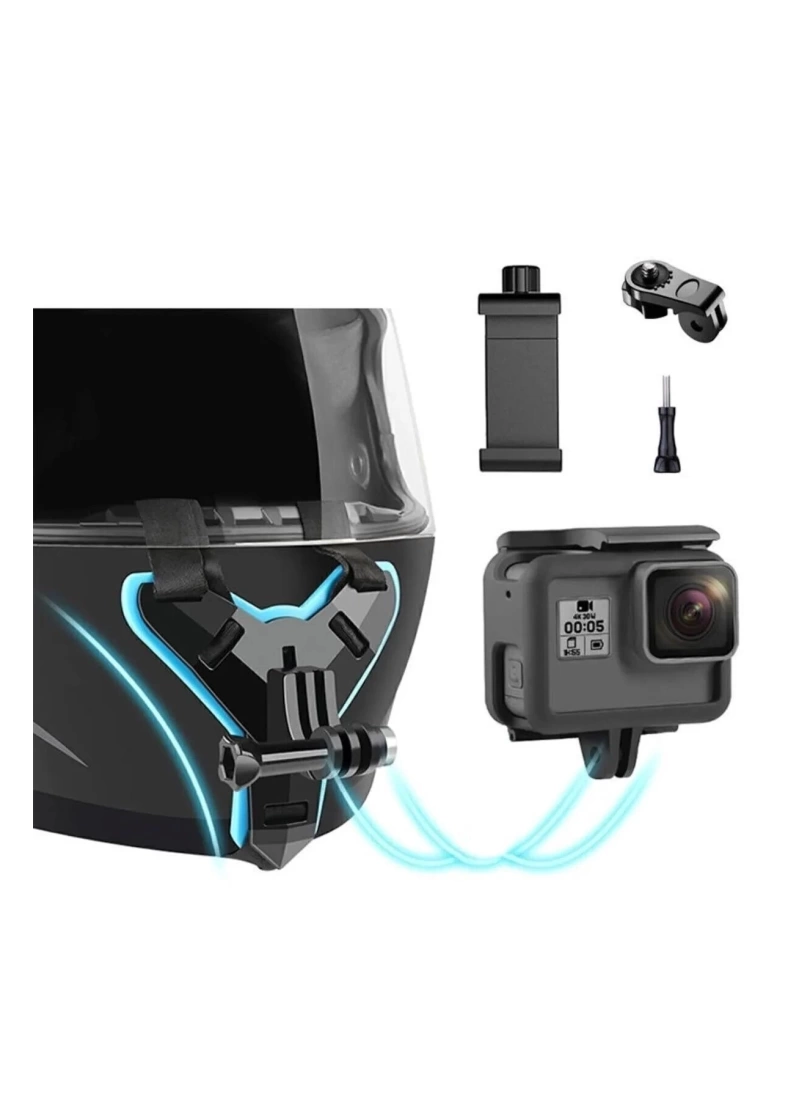 Kask Alt Çene Bağlantı Aparatı ve Kayışı Aksiyon Kamera ve Telefon Tutucu Set Siyah Mavi