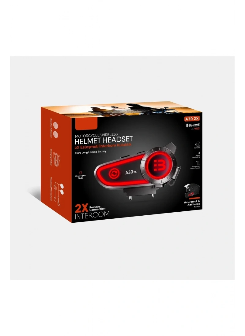 A30 2X İki Cihaz Eşleşmeli Motosiklet Bluetooth Kask Kulaklığı Interkom RGB Işıklı BT5.3