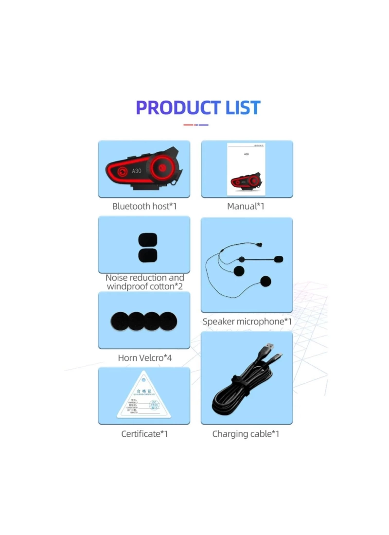 A30 Motosiklet Kask Kulaklık Işıklı BT 5.2 2800mAh